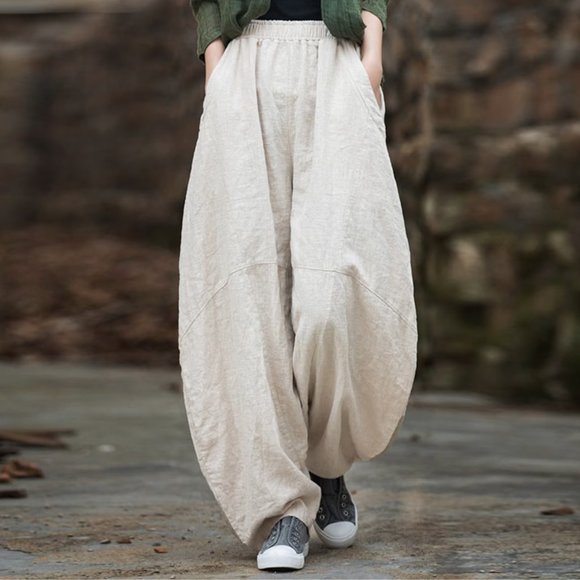 Linen harem horseshoe balloon barrel leg pant - Picture 1 of 7